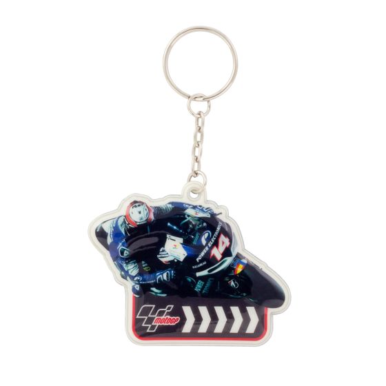 A PVC keyfob featuring a blue and black motorcycle racer in action, with the number 14 and Moto GP logo on a red and black background.