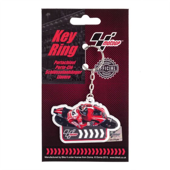 Red and black PVC keyfob featuring a motorcycle design, showcasing Dovizioso's bike with the Moto GP logo, attached to a silver keyring.