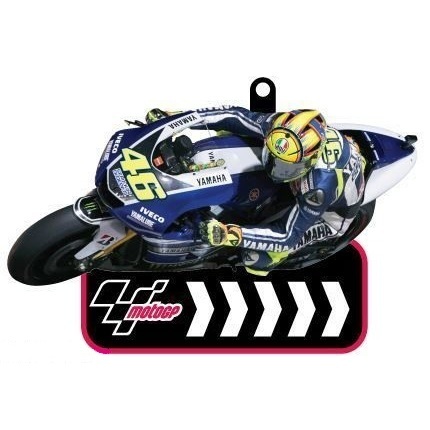 A colorful PVC keyfob featuring a racing motorcycle with rider number 46, showcasing blue and white colors, and a prominent Moto GP logo with chevron design.