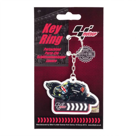 Moto GP PVC keyfob featuring a colorful motorcycle design, attached to a silver keychain, with a black and red background packaging displaying the Moto GP logo.