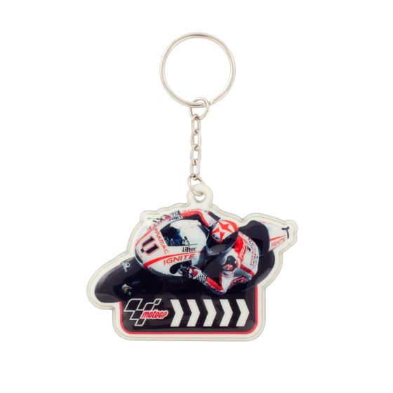 Moto GP PVC keyfob featuring a racer in a white and red suit, with a black and white background and a keyring attachment, showcasing the 2013 Spies design.
