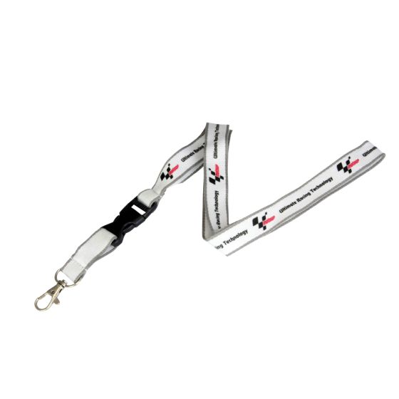 White lanyard featuring the Moto GP logo and checkered flag design, with a black plastic buckle and a metal clip for attaching keys or ID.