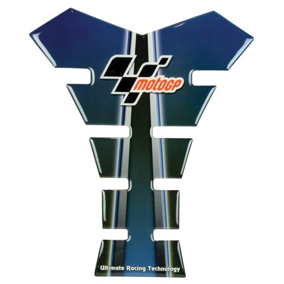 Blue and black Moto GP tank pad featuring a sleek design with cutouts, adorned with the Moto GP logo and "Ultimate Racing Technology" text.