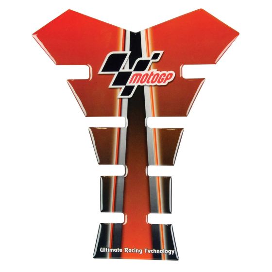 Red and black Moto GP tank pad featuring a Y-shaped design with cutouts, adorned with the Moto GP logo and "Ultimate Racing Technology" text.