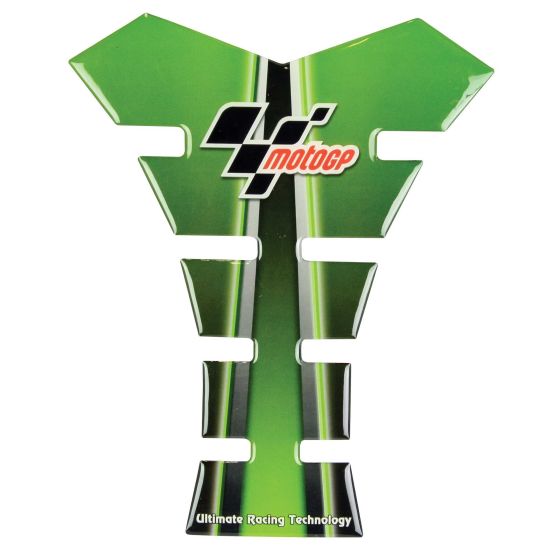 Green Moto GP tank pad with a Y-shaped design, featuring black stripes and the Moto GP logo, made of durable material for enhanced grip and protection.