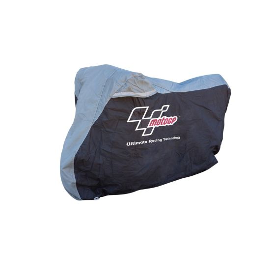 Large black and grey MotoGP dust cover designed for 750-1000cc motorcycles, featuring the MotoGP logo and made from durable, weather-resistant material.