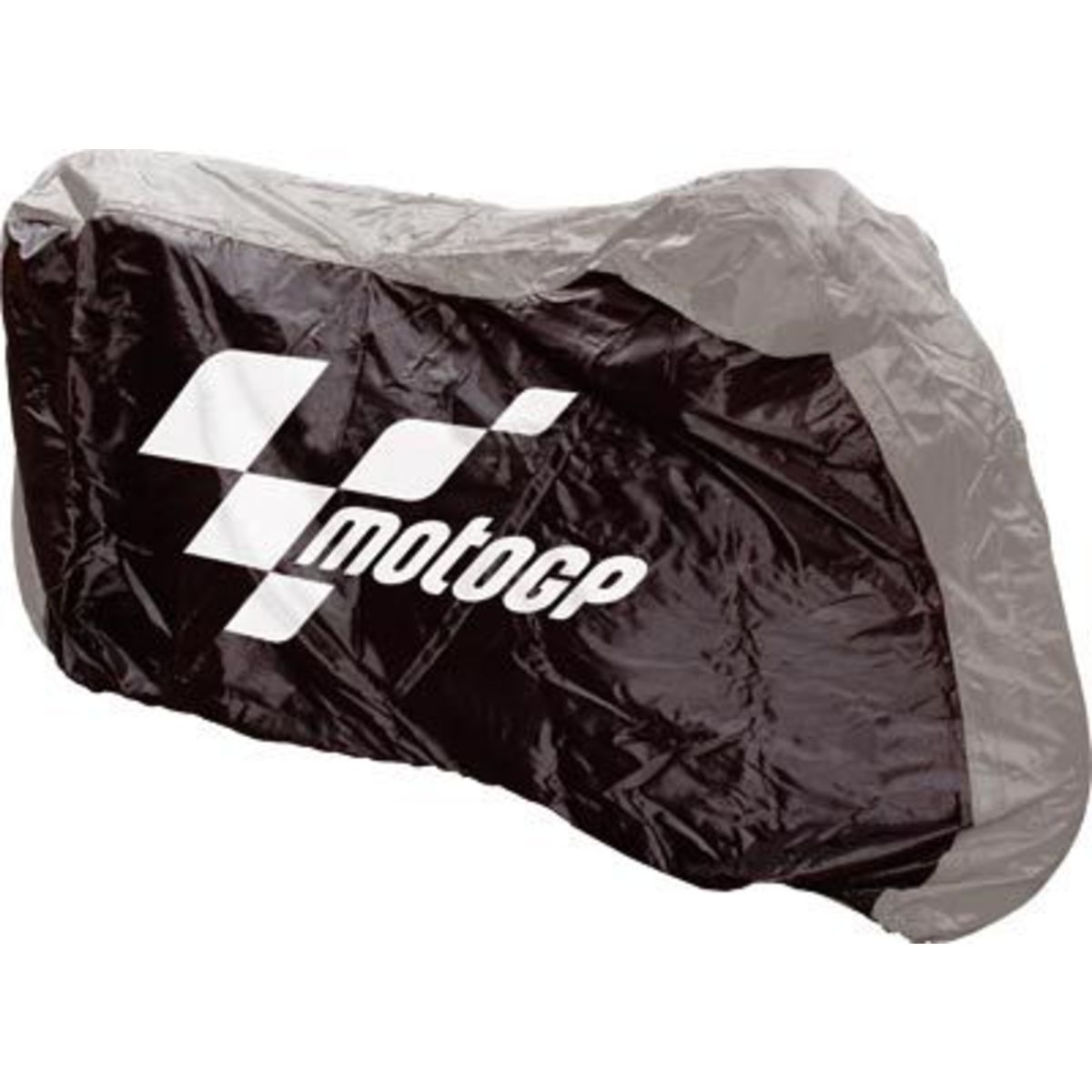 Black and grey MotoGP dust cover designed for medium motorcycles, featuring a prominent white MotoGP logo and a sleek, protective material suitable for bikes up to 600cc.