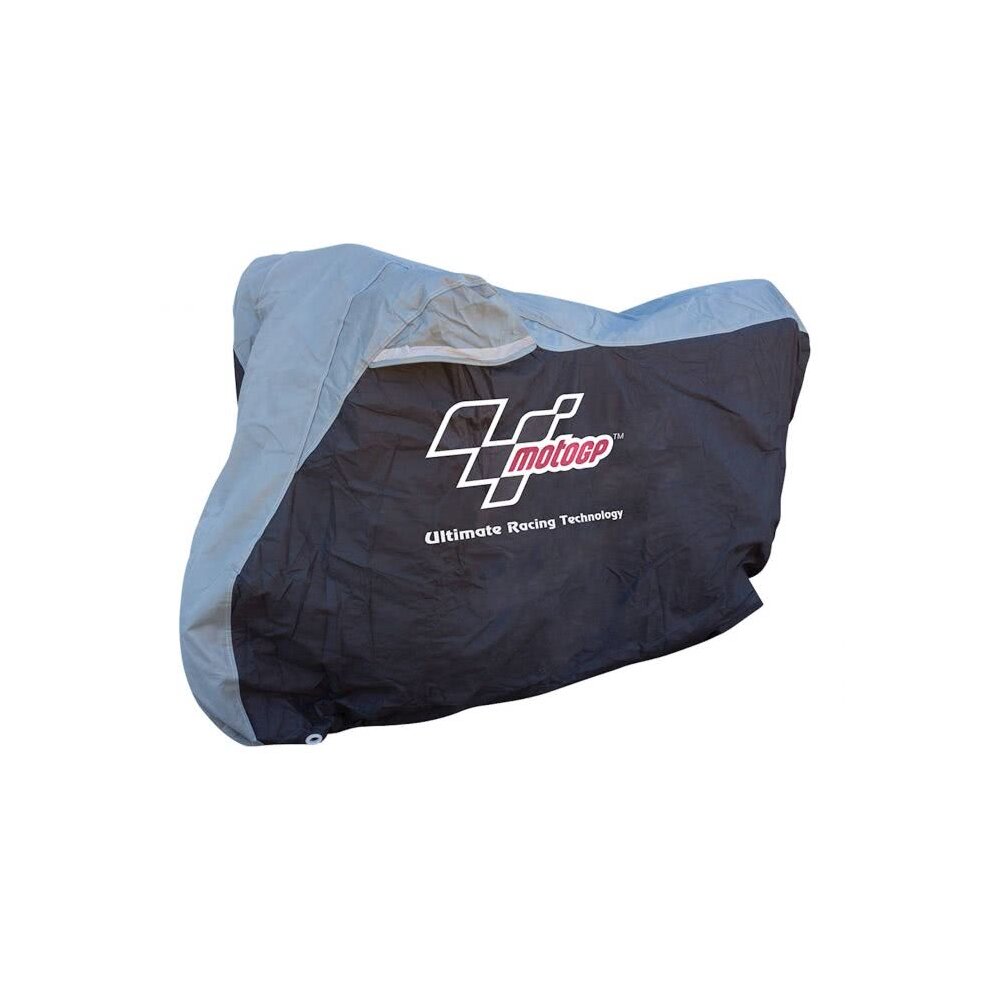 Black and gray extra-large dust cover for motorcycles, featuring the MotoGP logo and "ultimate Racing Technology" text, made from durable, weather-resistant material.