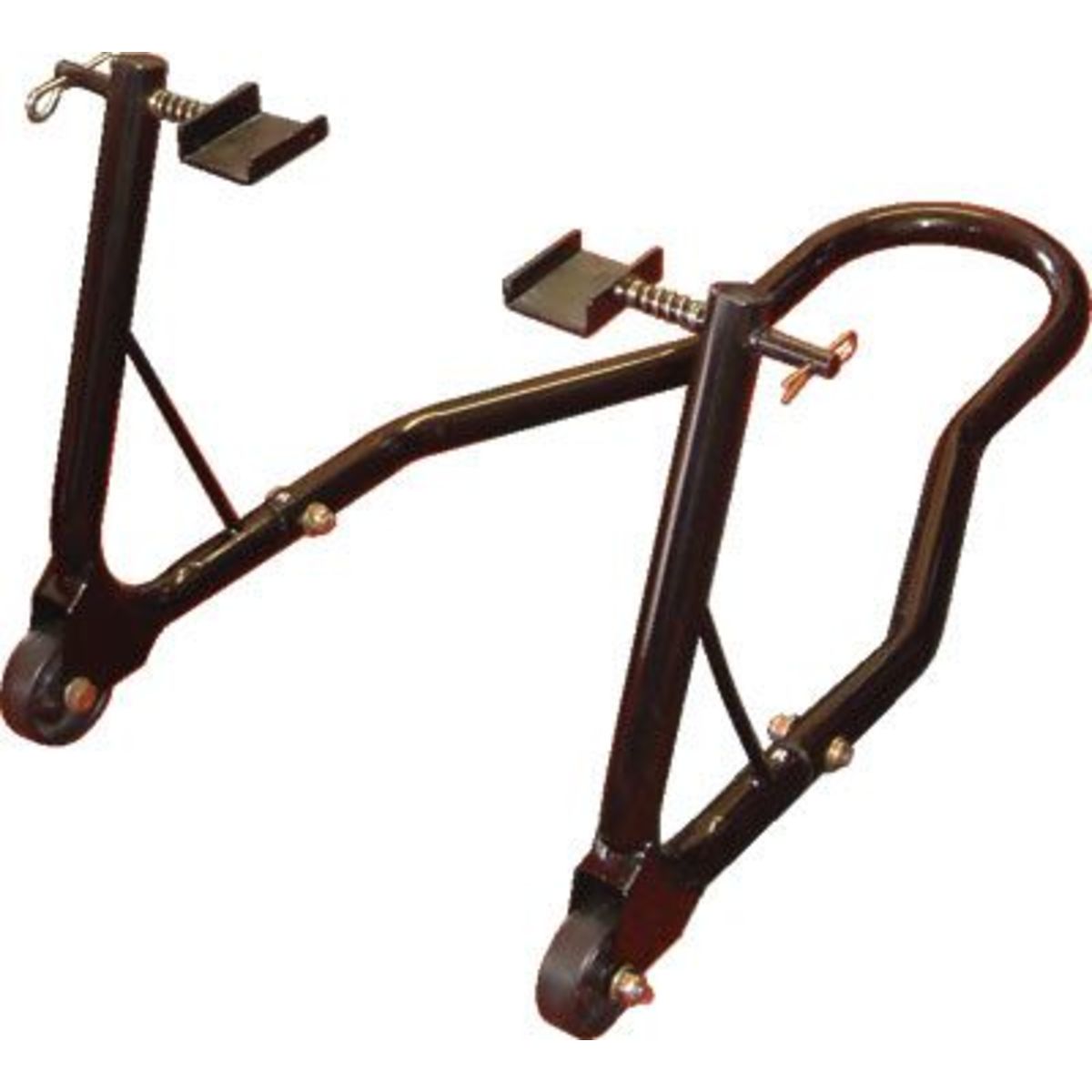 Black round tubing rear track paddock stand with two rubberized wheels, adjustable supports, and a sturdy metal frame designed for motorcycle maintenance.