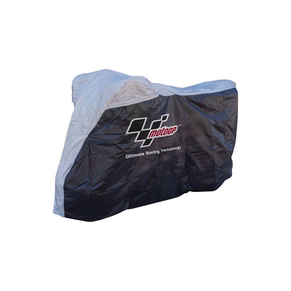 Extra large Moto GP paddock rain cover in black and silver, featuring the Moto GP logo and "Ultimate Racing Technology" text, designed to protect against rain and moisture.