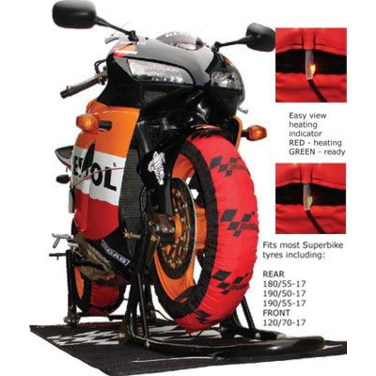Red and black MotoGP motorcycle tyre warmers with a UK 3 pin plug, featuring a heating indicator and designed for front 120/70-17 and rear 180-195 tyres.