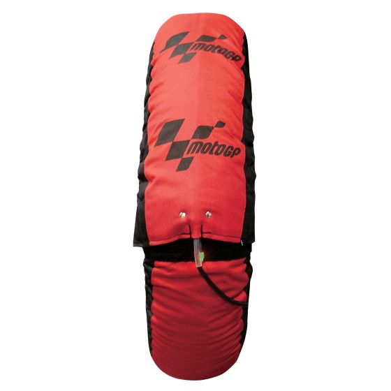 Red and black Moto GP Standard Track Tyre Warmers featuring the Moto GP logo, designed with a 2-pin Euro-plug for easy connection and efficient tire heating.