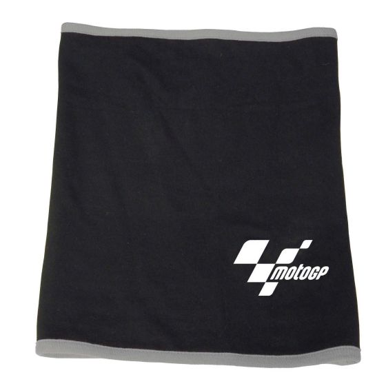 Black and grey Moto GP neck tube made of soft material, featuring a prominent white Moto GP logo on one side and a contrasting grey trim along the top and bottom edges.
