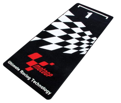 Black carpet featuring a checkered flag design in white, with a prominent red MotoGP logo and the text "Ultimate Racing Technology" at the bottom.