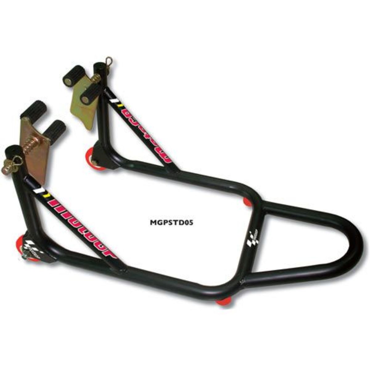Black motorcycle front paddock stand with a sturdy metal frame, featuring red wheels, adjustable fork fitment, and Moto GP branding in pink and white.