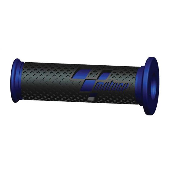 Black and blue Moto GP premium race handlebar grips, featuring a textured surface and logo, with 22mm left and 25mm right sizing for enhanced grip and control.