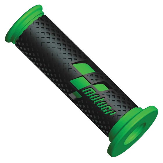 Black and green Moto GP premium race handlebar grips featuring a textured surface, with a 22mm left grip and a 25mm right grip, designed for enhanced grip and control.