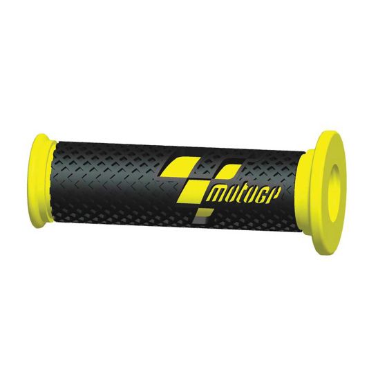 Black and yellow Moto GP premium race handlebar grips featuring a textured surface, 22mm left and 25mm right sizes, with the Moto GP logo prominently displayed.