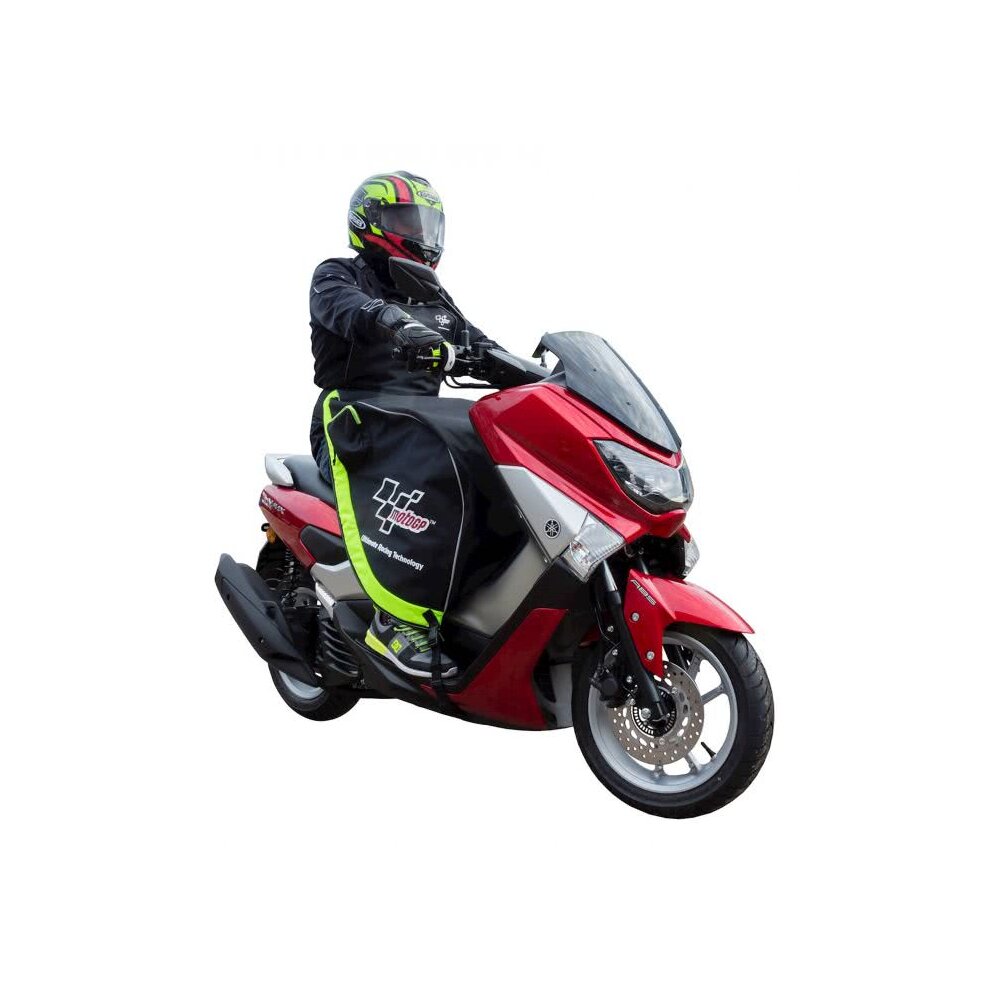 Black thermal apron with bright green accents, designed for scooters, providing rainproof weather protection; features MotoGP logo and fits over the rider's legs while riding.