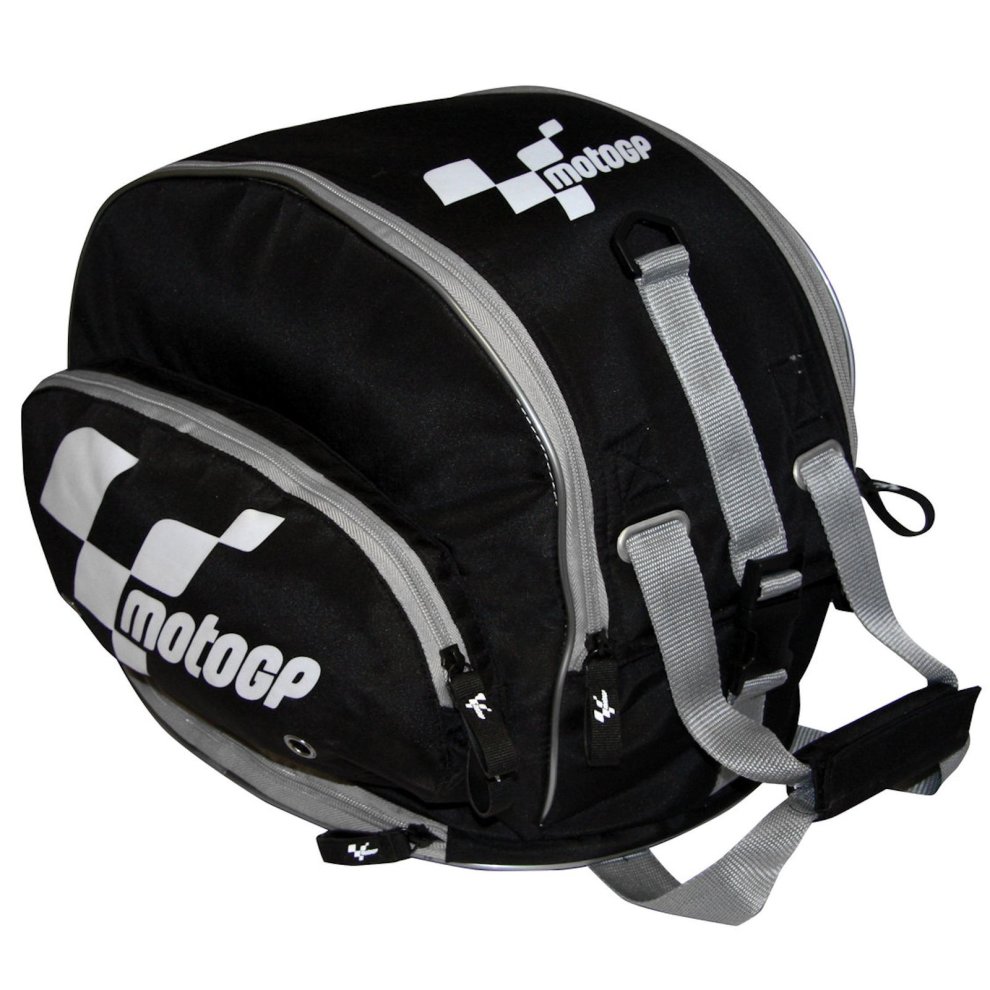 Classic black and grey MotoGP helmet bag holdall with a padded design, featuring the MotoGP logo, adjustable straps, and multiple zippered compartments for storage.