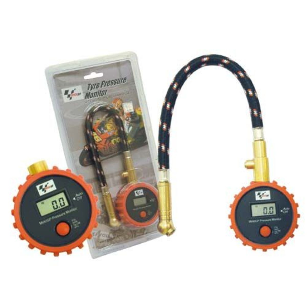 Red and black MotoGP Tyre Pressure Monitor with a digital display, attached flexible hose, and a brass nozzle, packaged with colorful MotoGP branding.