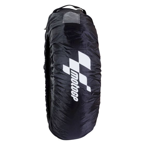 Black tire bag featuring a MotoGP logo, made of durable material with a sturdy handle for easy transport, designed to protect wheels and rims.
