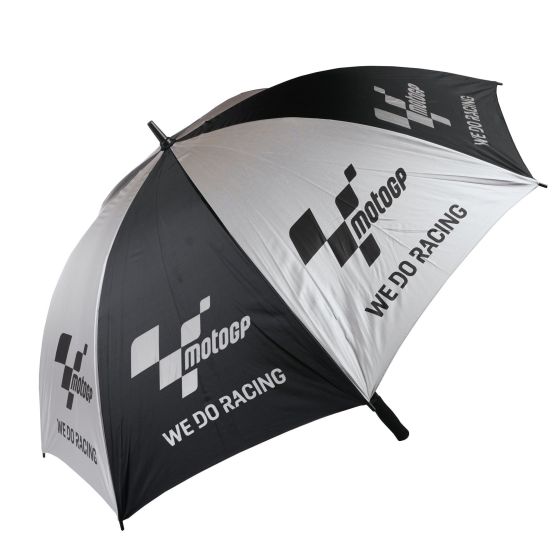 Black and silver MotoGP umbrella featuring the "We Do Racing" slogan and logo, with a sleek design and durable fabric for outdoor use.