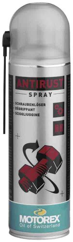 Silver aerosol can with a transparent cap, labeled "ANTIRUST SPRAY" in bold red and black text, featuring a graphic of two interlocking gears and the MOTOREX logo at the bottom.