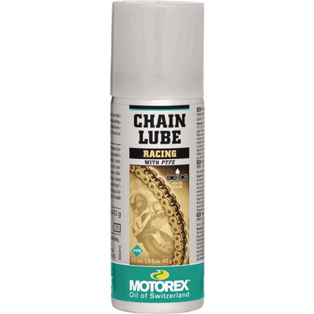 Motorex Chain Lube Racing in a 56ml aerosol can features a white cap, black and gold label with text, and a turquoise base, designed for optimal chain lubrication.