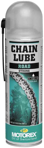 Motorex Chain Lube aerosol can, 56ml, features a silver cap, turquoise body with black text, and an image of a motorcycle chain, labeled "Road" and "Strong."