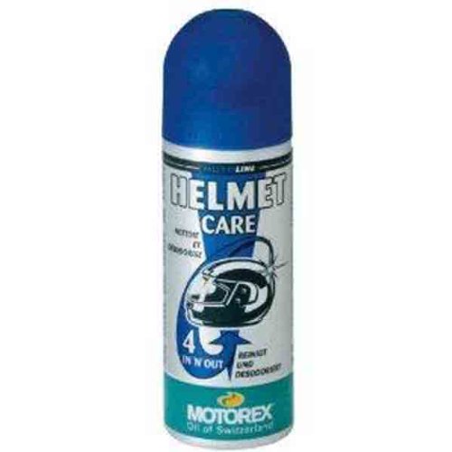 Blue aerosol can labeled "HELMET CARE" with a graphic of a helmet, featuring a white and green design, 200ml size, by MOTOREX, highlighting its cleaning and deodorizing properties.