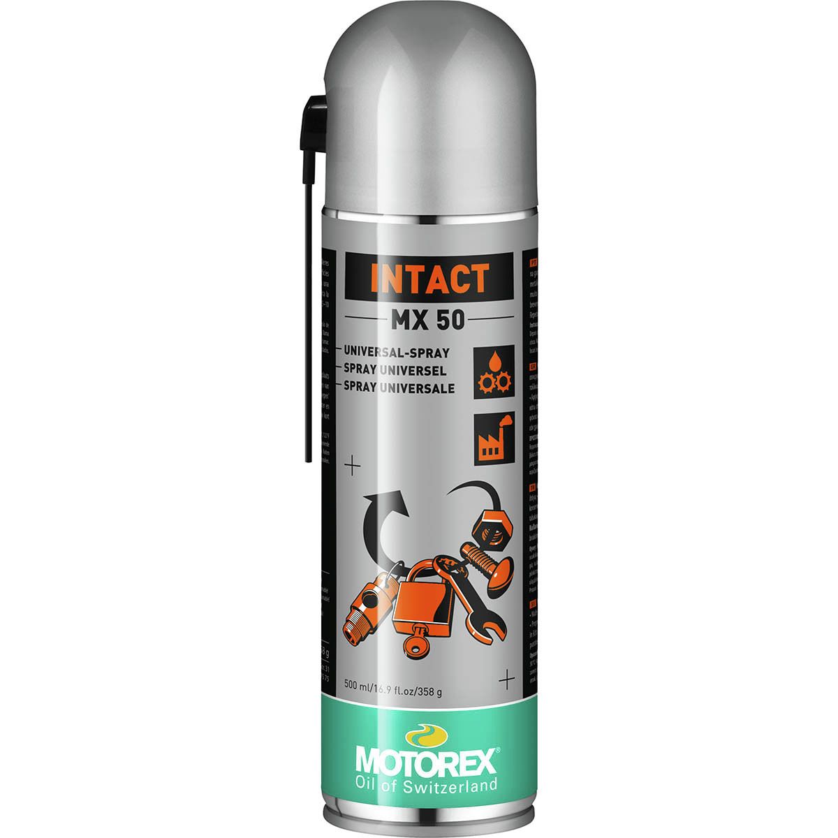 Silver aerosol can with a black spray nozzle, featuring an orange and black label that reads "MOTOREX INTACT MX 50," indicating it's a universal penetrating oil.