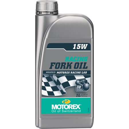 Silver plastic bottle of Motorex Racing 15W fork oil, featuring a checkered flag design, with a screw cap and clear labeling on the front.