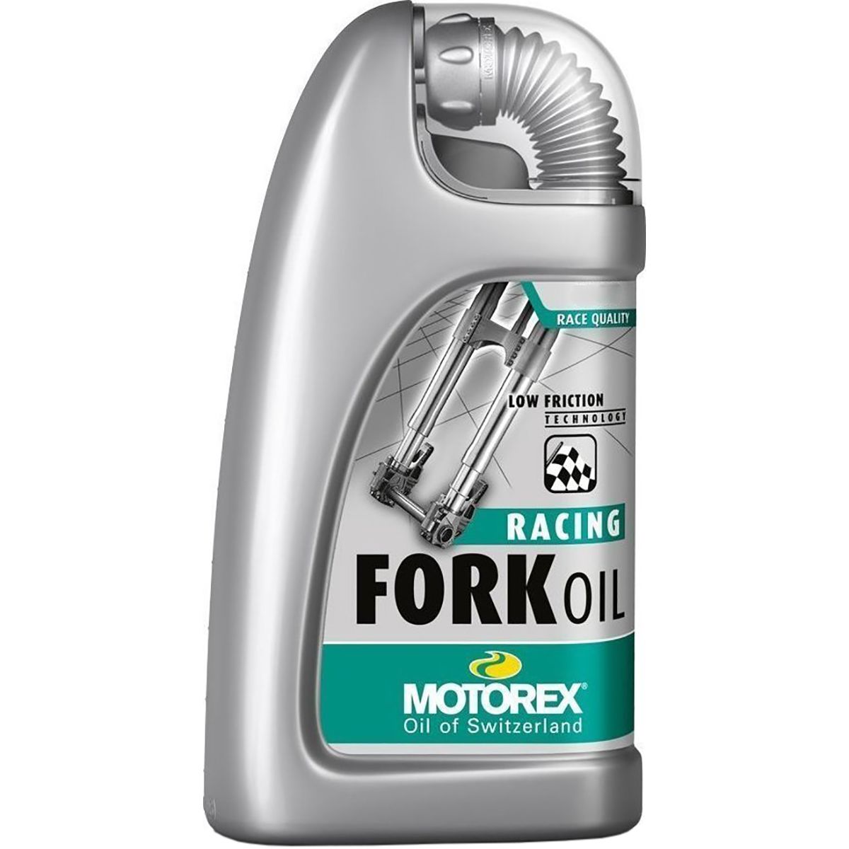 Silver and green plastic bottle of Motorex Low Friction Racing Fork Oil 5W, featuring a flexible spout and a label highlighting "Low Friction Technology" and "Race Quality."