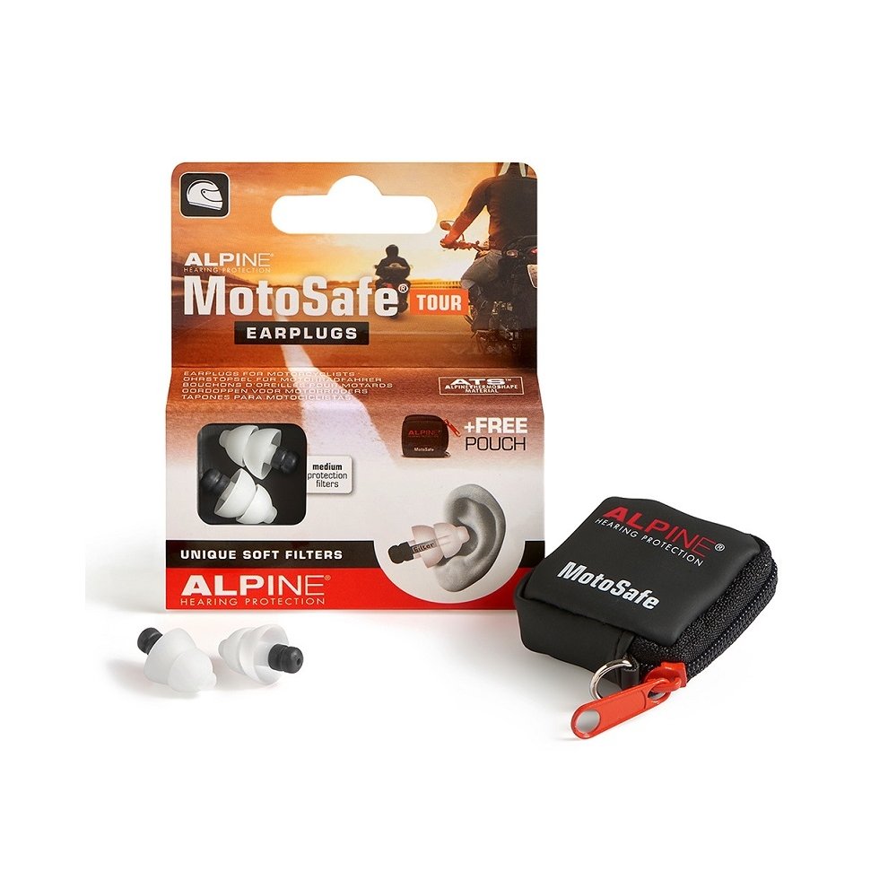 Alpine MotoSafe TOUR hearing protection features white silicone earplugs with unique soft filters, packaged in a colorful box, and includes a small black carrying pouch.
