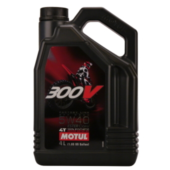 Black plastic container of MOTUL 104135 Engine Oil, 5W-40, 4L capacity, featuring a red and black label with a motorcycle graphic and bold text highlighting its full synthetic formula.