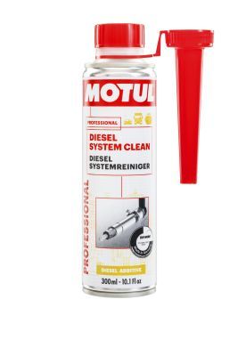 Metal canister with a red cap and nozzle, labeled "MOTUL DIESEL SYSTEM CLEAN," 300ml capacity, featuring a graphic of a diesel injector and professional branding.