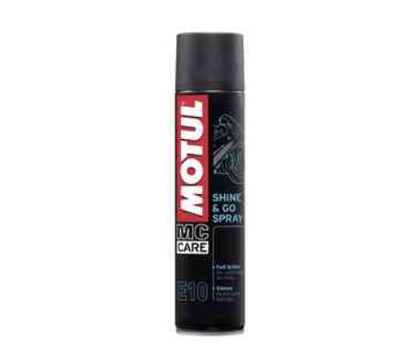 Black aerosol can with a sleek design, featuring red and white "MOTUL" branding, labeled "SHINE & GO SPRAY" and "E10," with a capacity of 400ml.