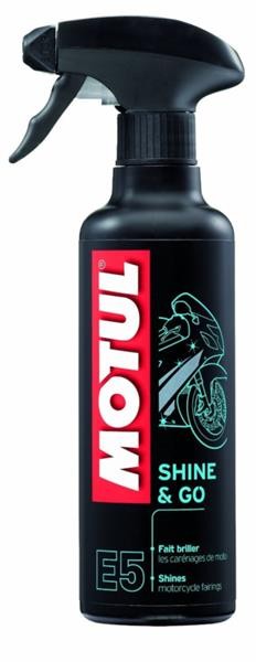 Black aerosol spray bottle with a trigger nozzle, labeled "MOTUL E5 SHINE & GO," featuring a graphic of a motorcycle and red branding, capacity 400ml.