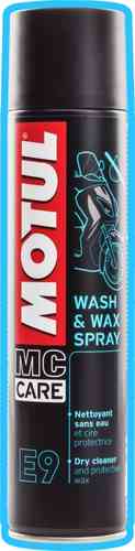 Black spray can with a red and white "MOTUL" logo, labeled "MC Care E9 Wash & Wax Spray," featuring a motorcycle graphic and details about its cleaning and waxing properties.