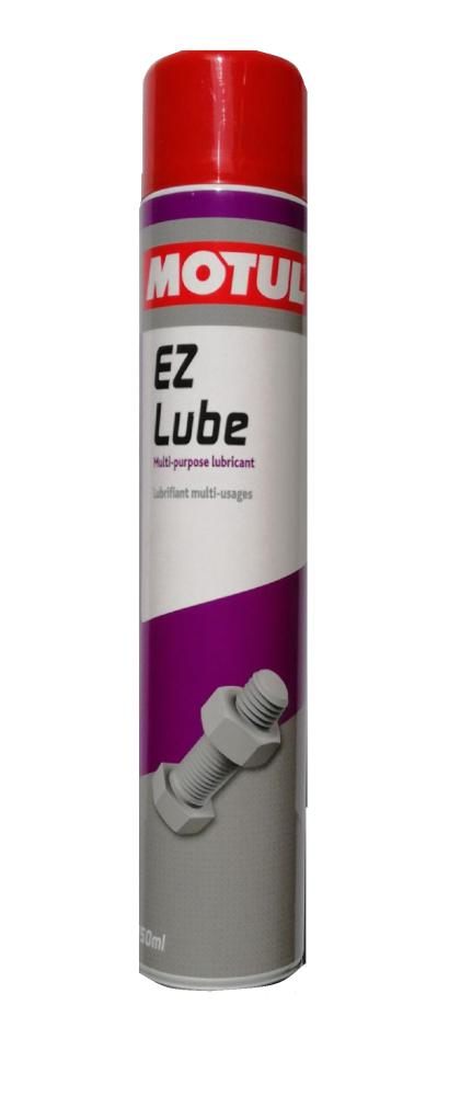 Silver aerosol can with a red cap, featuring the Motul logo and "EZ Lube" label in bold black and purple text, designed for multi-purpose lubrication.