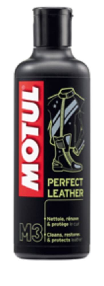 Black bottle of MOTUL 102994 Leather Care Lotion M3 PERFECT LEATHER, 250ml, featuring white and red text, with an illustration of a leather jacket and boots.