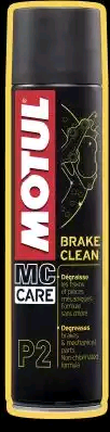 Black aerosol can with yellow accents, labeled "MOTUL MC CARE BRAKE CLEAN P2," featuring a graphic of a brake component and text detailing its degreasing properties, 400ml capacity.
