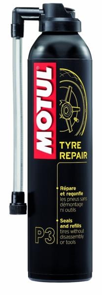 Black aerosol can with a yellow and red label, featuring "MOTUL TYRE REPAIR" and "P3," designed for sealing and refilling tires without disassembly or tools.
