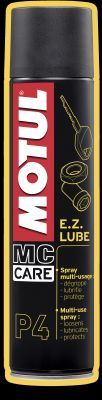 Black aerosol can with a red and white "Motul" logo, labeled "E.Z. LUBE" and "MC CARE," featuring a yellow outline and key details about the lubricant's multi-use capabilities.