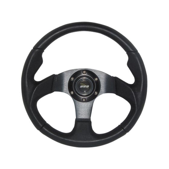 Black leather steering wheel with three spokes, featuring a textured grip and a central hub with a silver accent and logo, measuring 320mm in diameter.