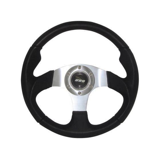 Mountney 3-spoke steering wheel featuring black leather grip, silver spokes, and a 320mm diameter, designed for a sporty look and feel.