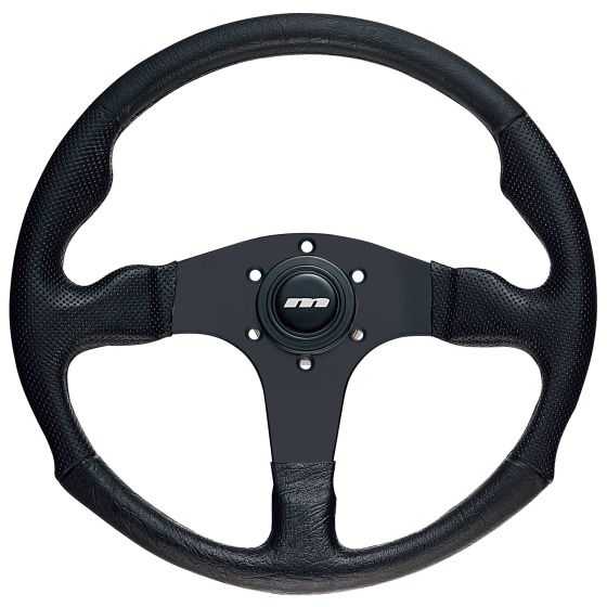 Black polyurethane steering wheel with three spokes, featuring a textured grip and a central Mountney logo, measuring 320mm in diameter.