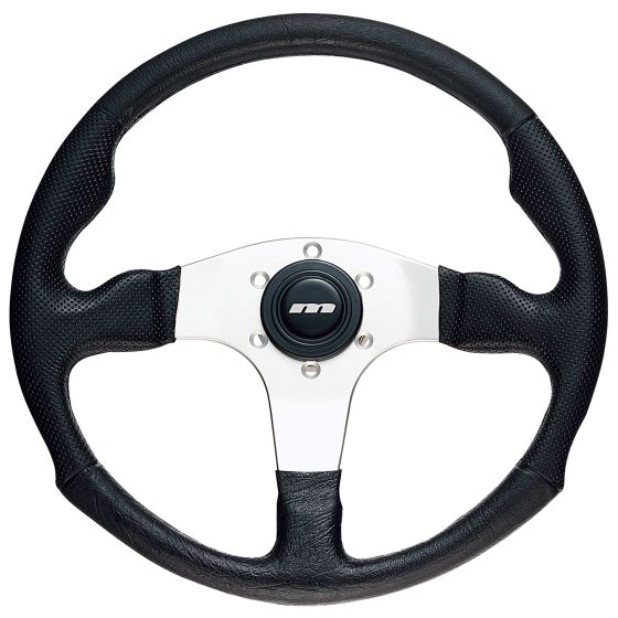 Mountney 3-spoke steering wheel featuring silver spokes, a black polyurethane grip, and a central logo, measuring 320mm in diameter.