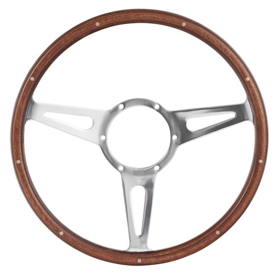Classic 14-inch steering wheel featuring a polished silver metal hub and spokes, complemented by a rich wood rim with subtle silver rivets.